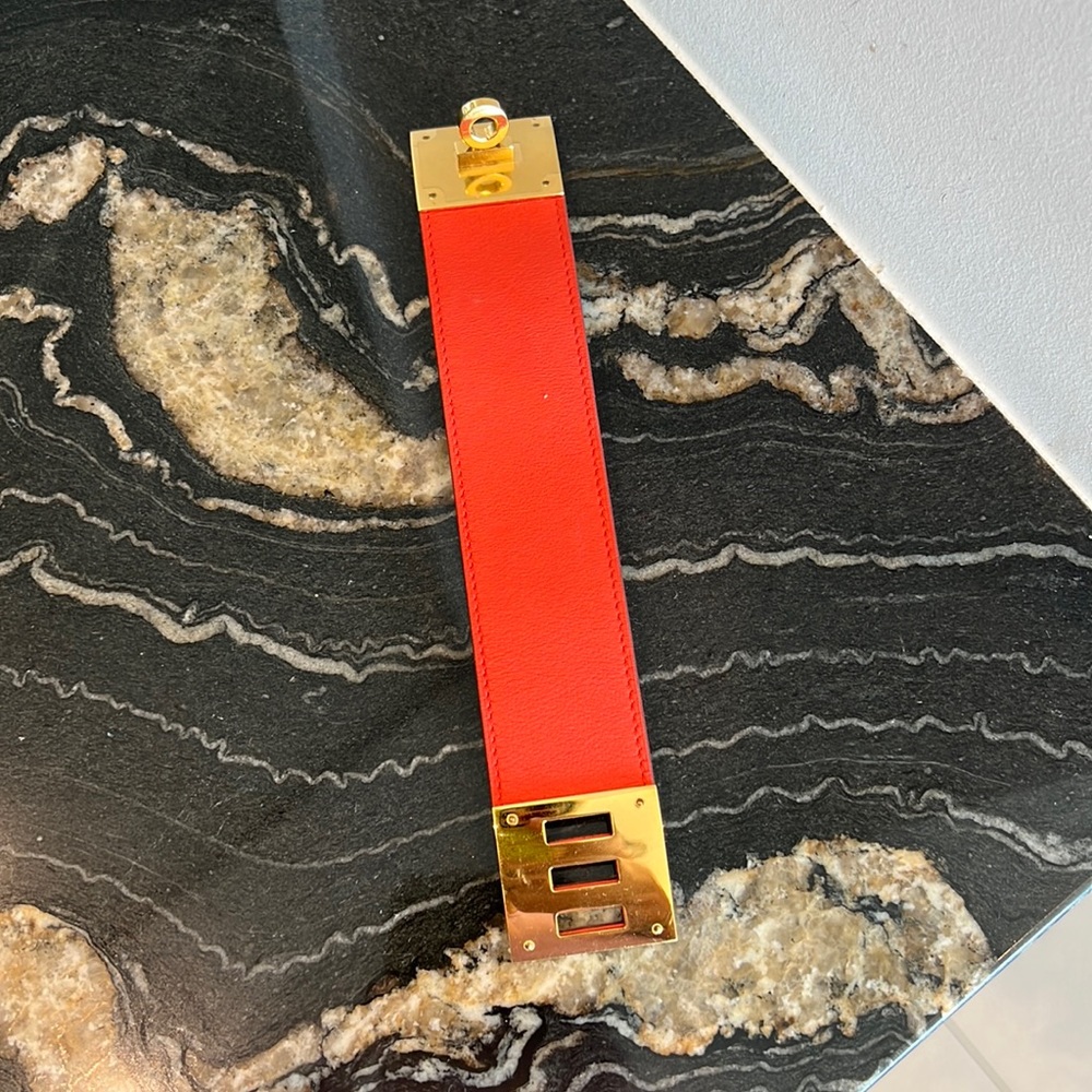 HERMES Gold and Orange Leather Bangle Bracelet